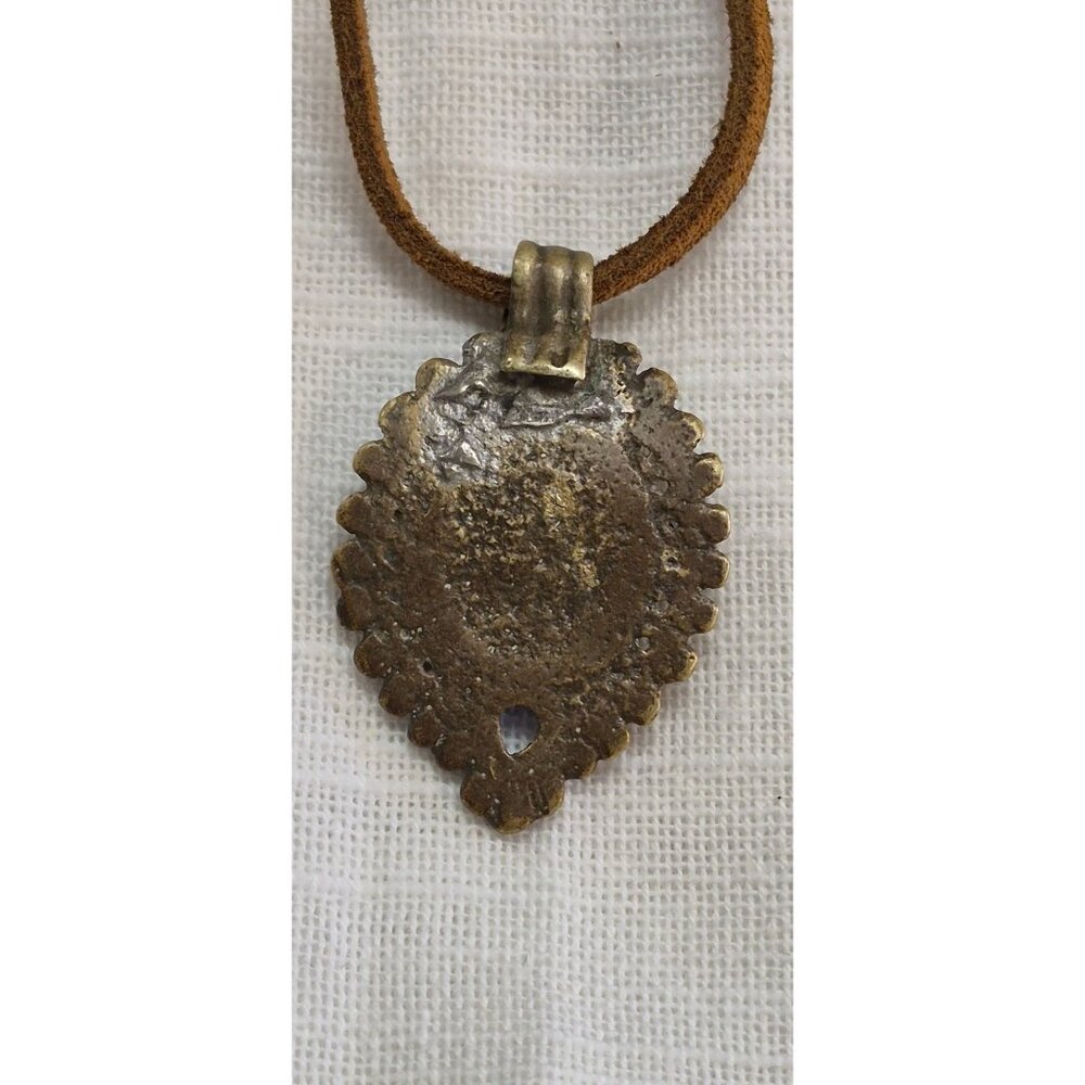 Antique Tribal-Style Blue Stone Pendant On Brown Leather Cord Necklace - Picture 6 of 14